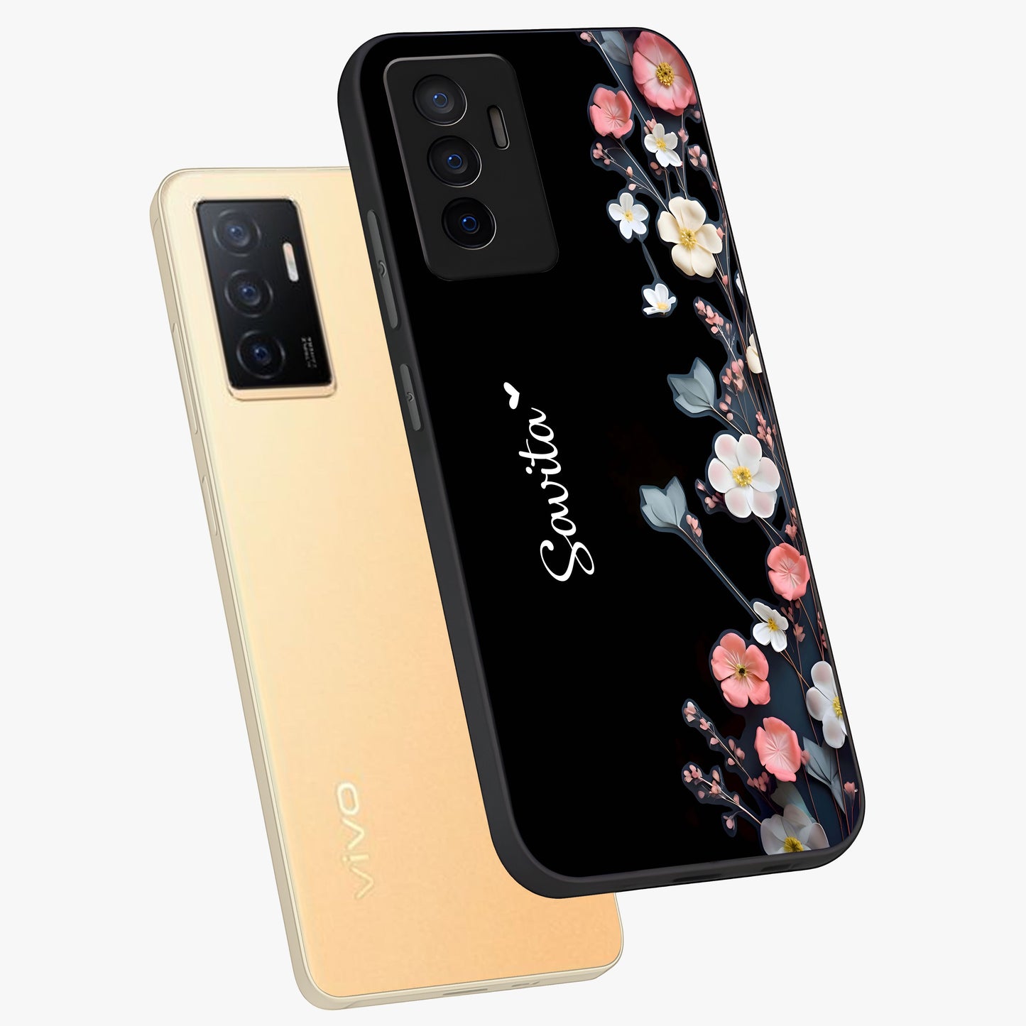 Black Elegance Floral Custom Name Glass Case displayed in angled mockup highlighting dark floral aesthetic and custom name feature.