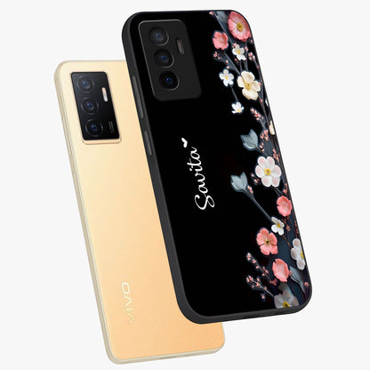 Black Elegance Floral Custom Name Glass Case displayed in angled mockup highlighting dark floral aesthetic and custom name feature.
