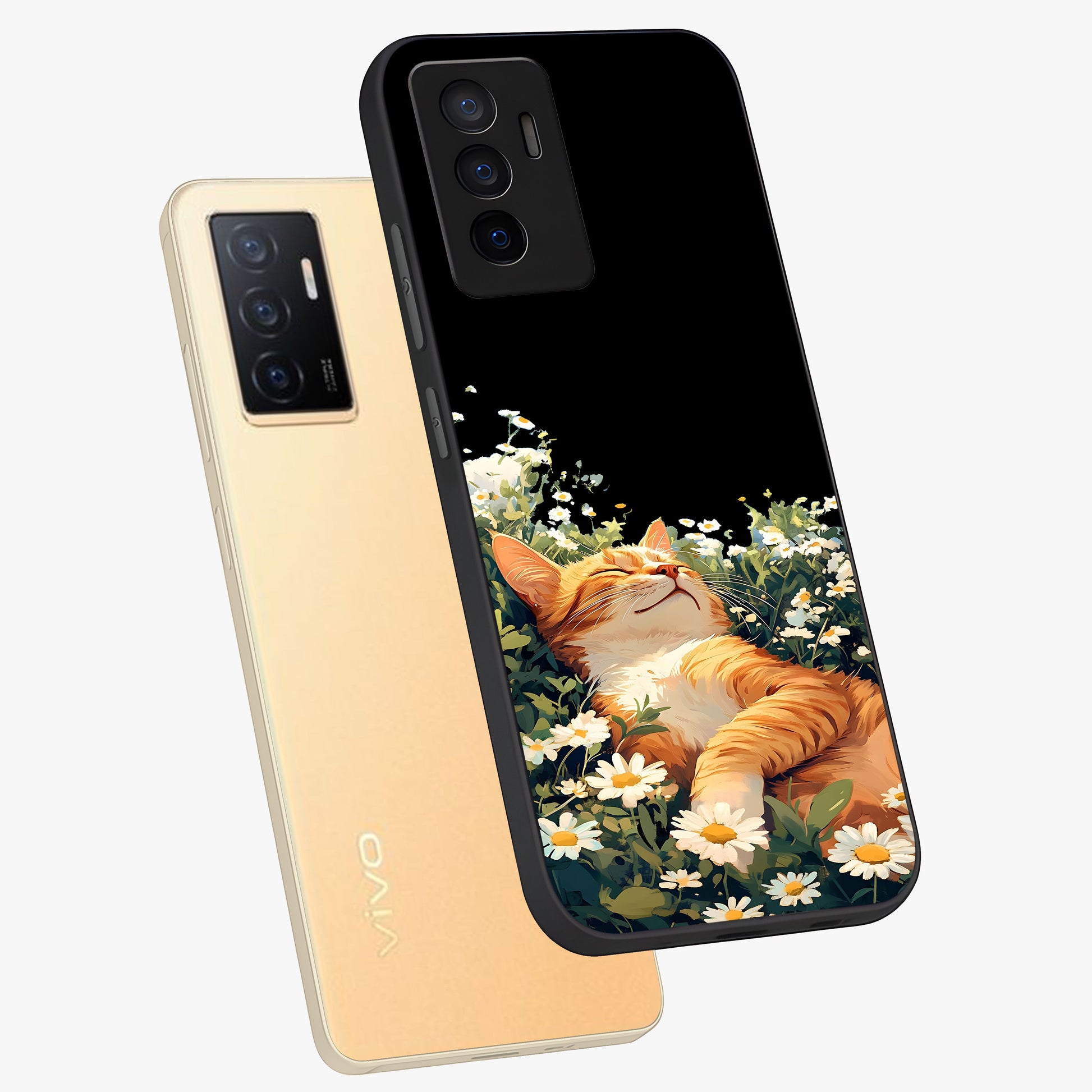 Blissful Bloom Cat Glass Case displayed in angled mockup highlighting playful feline illustration with soft floral aesthetic.