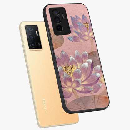 Blossom Mist Lotus Glass Case displayed in angled mockup highlighting delicate lotus illustration with calm aesthetic theme.