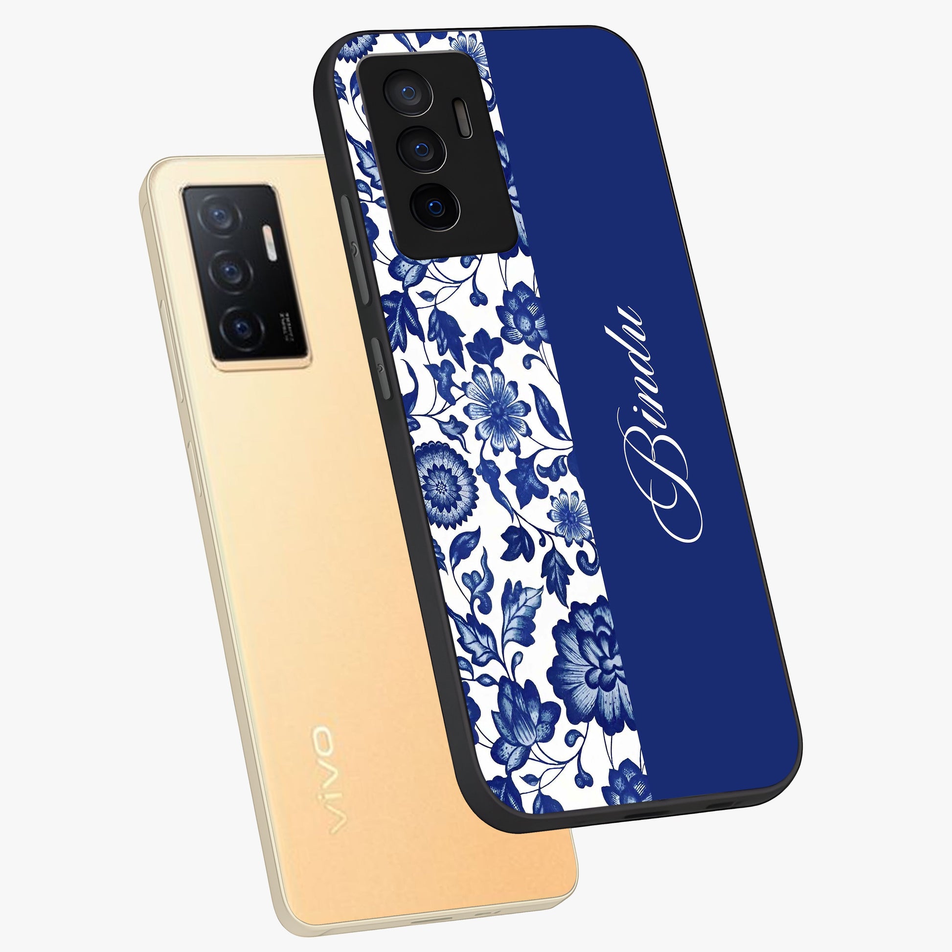 Blue Vintage Floral Pattern Glass Case displayed in angled mockup highlighting subtle bloom pattern with aesthetic pastel design.