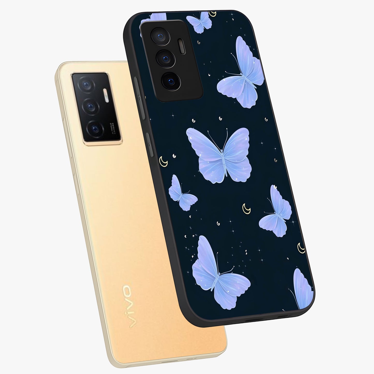 Butterfly With Stars Pattern Glass Case displayed in angled mockup highlighting dreamy butterfly and star design with aesthetic theme.
