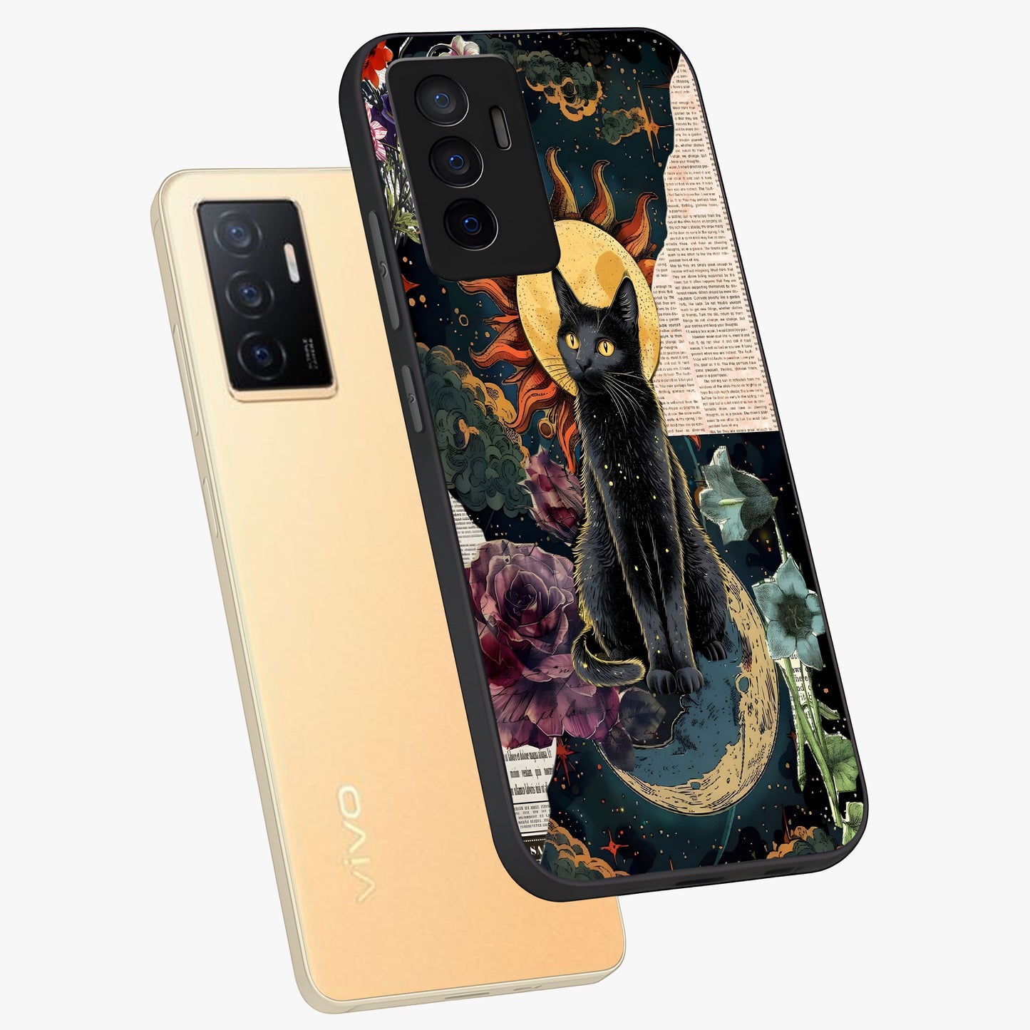 Celestial Black Cat Glass Case displayed in angled mockup highlighting cosmic black cat design with celestial aesthetic.