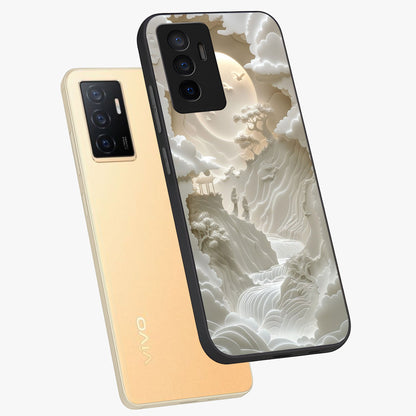 Celestial Origami Glass Case displayed in angled mockup highlighting geometric origami design with cosmic aesthetic theme.
