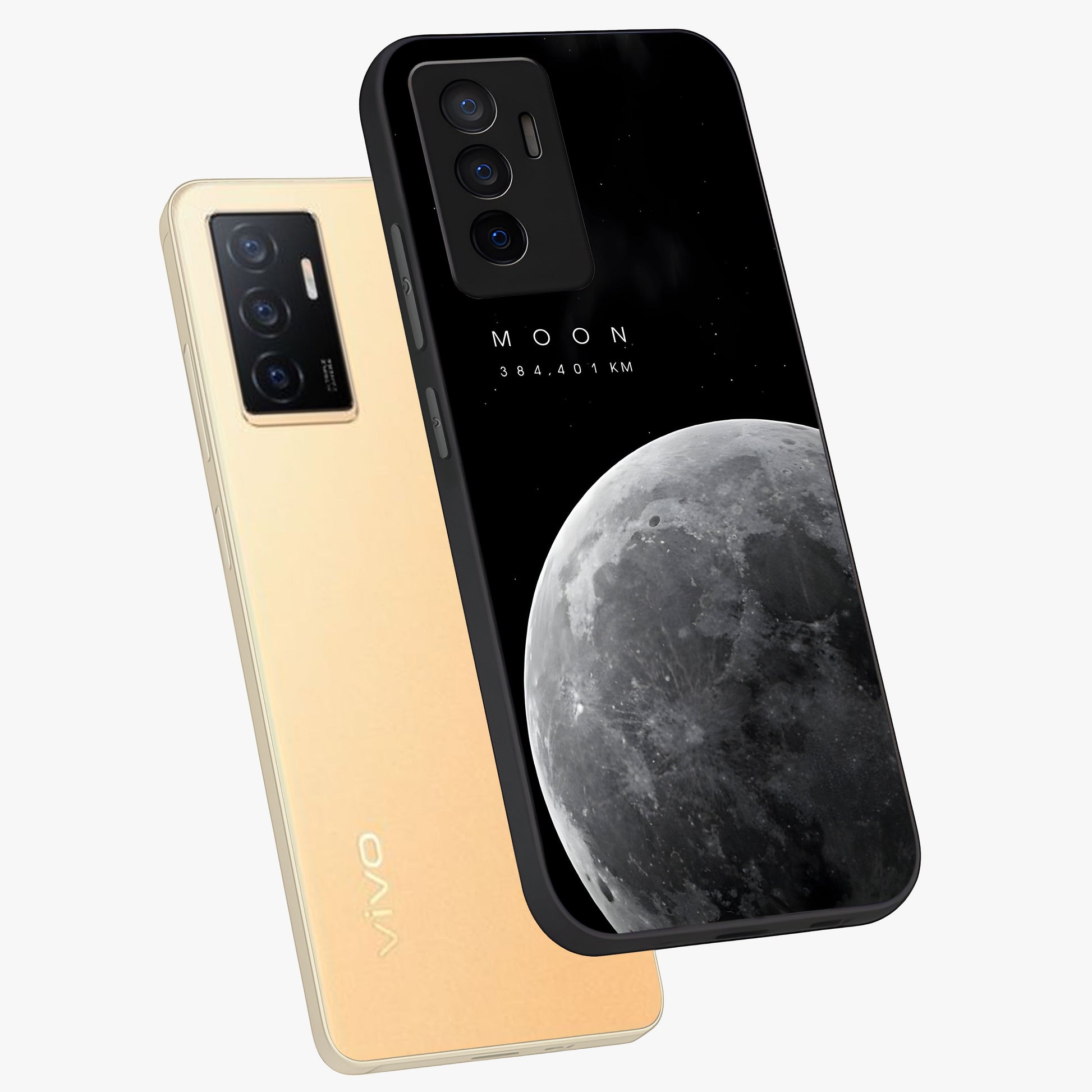 Cosmic Moon Glow Glass Case displayed in angled mockup highlighting celestial moon design with cosmic aesthetic theme.