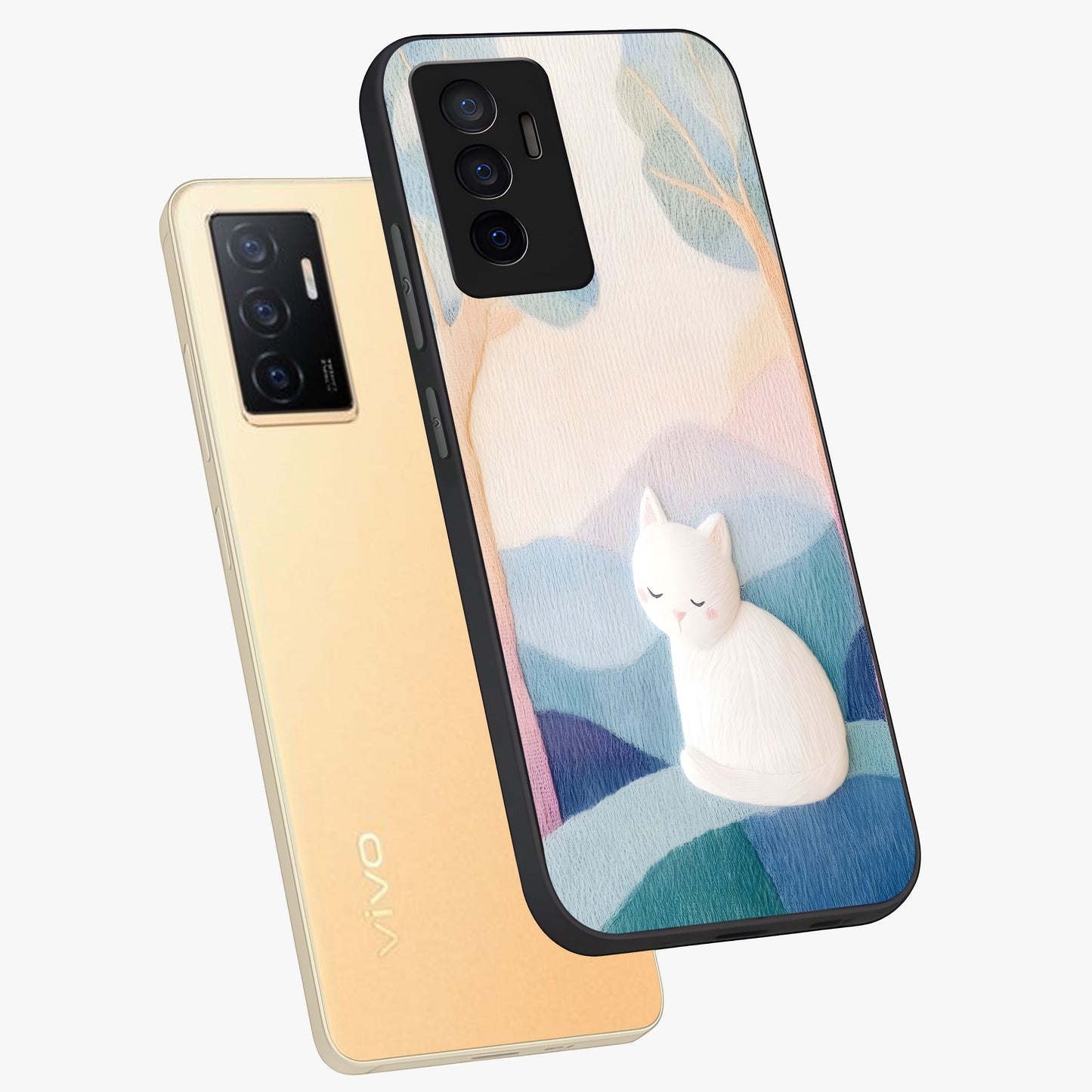 Cotton Dream Cat Glass Case displayed in angled mockup highlighting cute feline illustration with pastel aesthetic style.