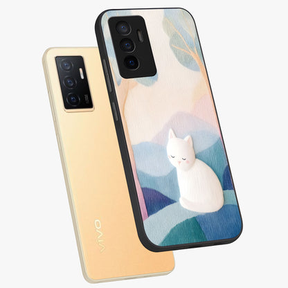 Cotton Dream Cat Glass Case displayed in angled mockup highlighting cute feline illustration with pastel aesthetic style.