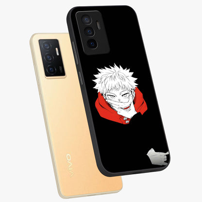 Crimson Chaos Smile Glass Case displayed in angled mockup highlighting edgy crimson smile design with graphic aesthetic.