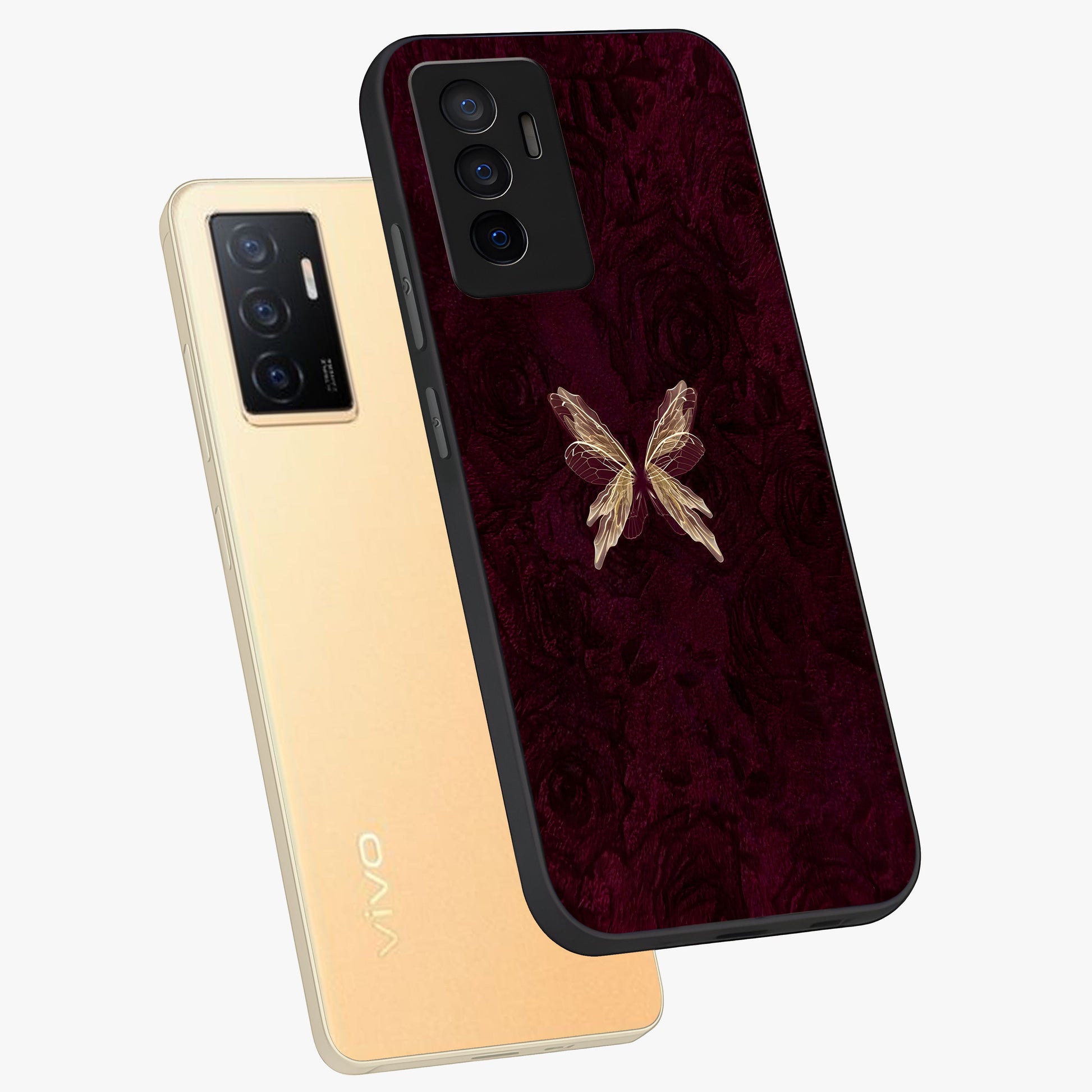 Crimson Fade Butterfly Glass Case displayed in angled mockup highlighting elegant butterfly design with crimson gradient aesthetic.