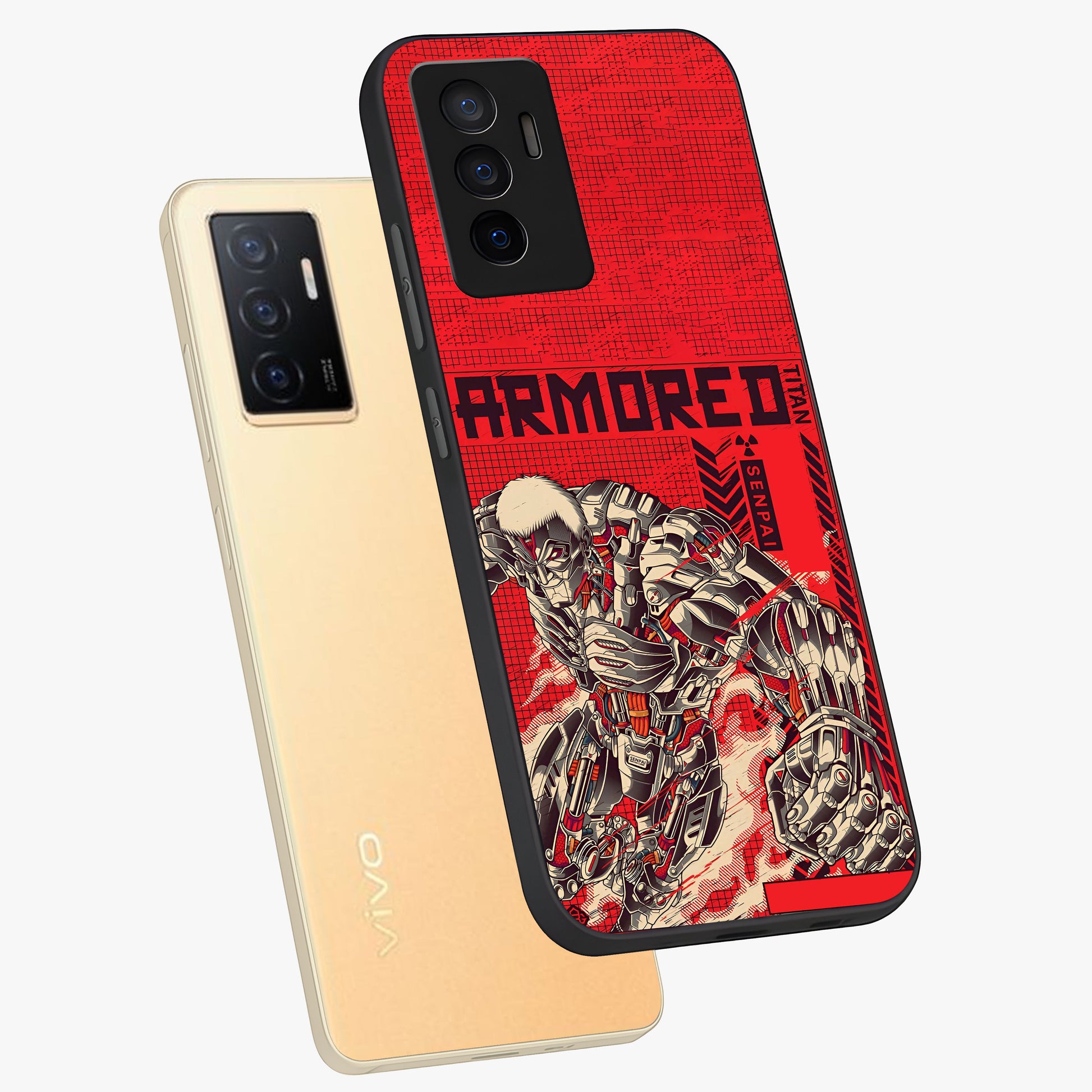 Crimson Mecha Titan Glass Case displayed in angled mockup highlighting futuristic mech illustration with bold crimson aesthetic.