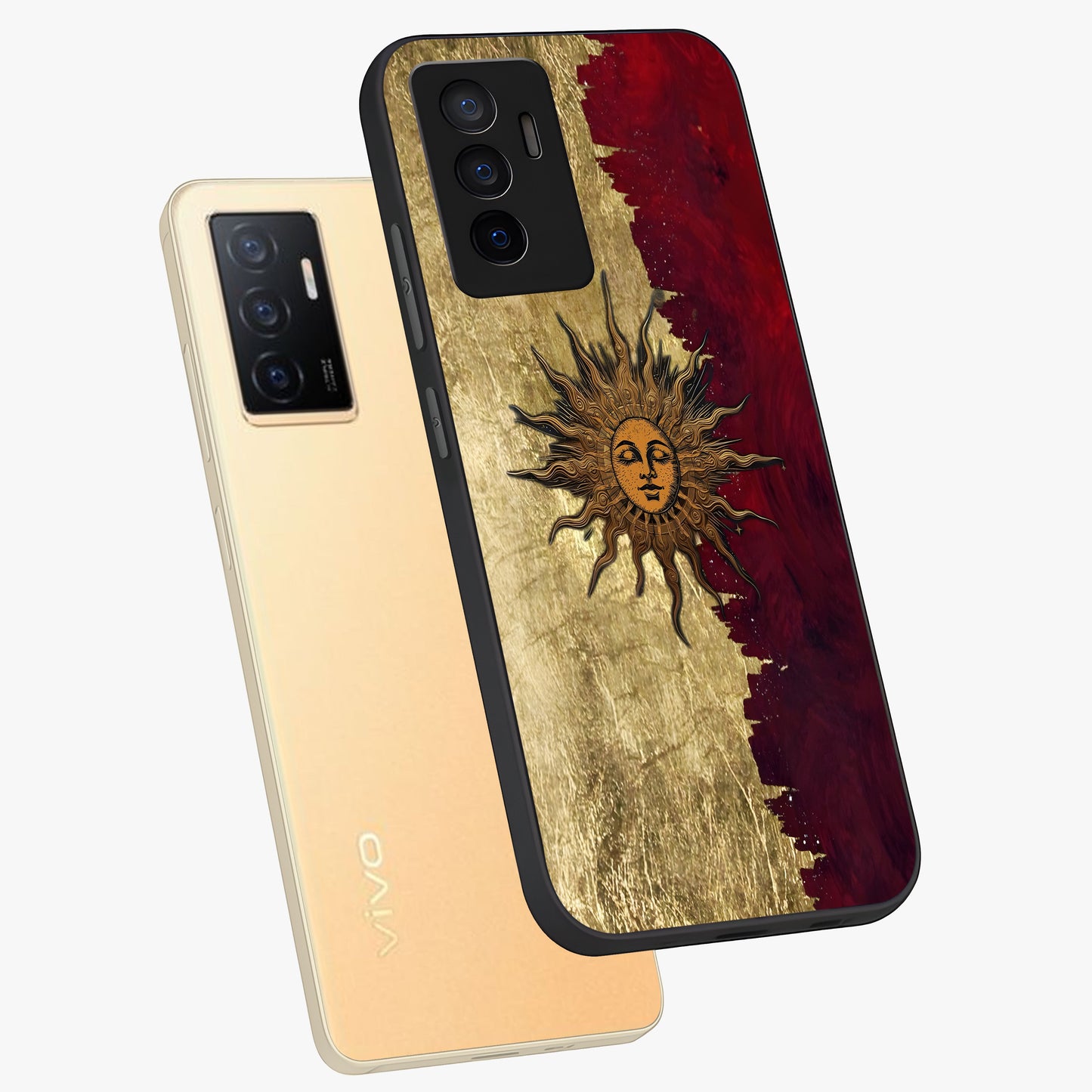 Crimson Sun Majesty Glass Case displayed in angled mockup highlighting majestic crimson sun design with bold aesthetic style.