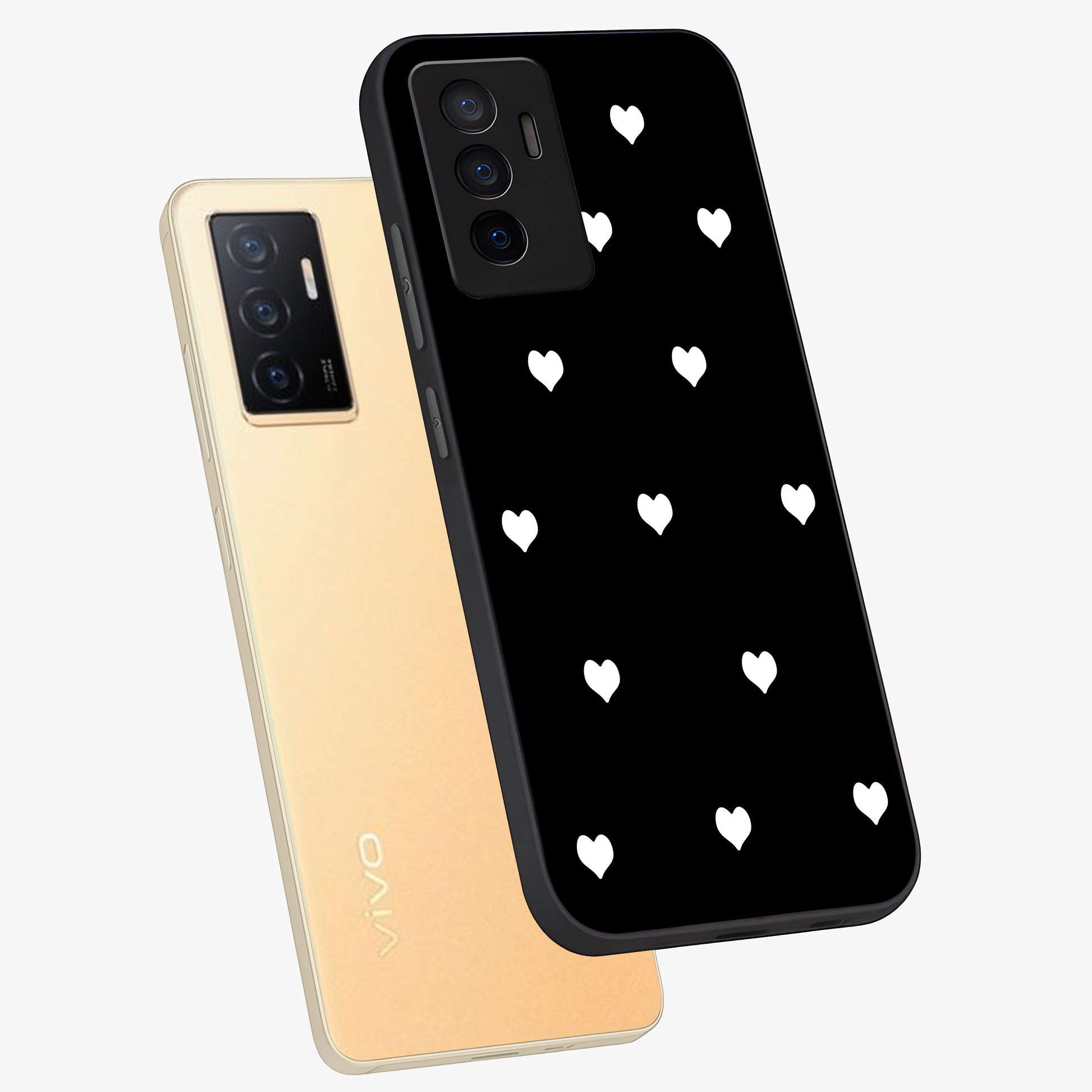 Cute And Simple White Hearts Glass Case displayed in angled mockup highlighting cute heart design with clean aesthetic style.