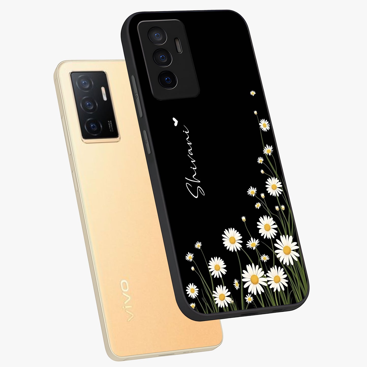 Daisy Cascade Custom Name Glass Case displayed in angled mockup highlighting delicate daisy artwork with custom name feature.