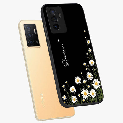 Daisy Cascade Custom Name Glass Case displayed in angled mockup highlighting delicate daisy artwork with custom name feature.