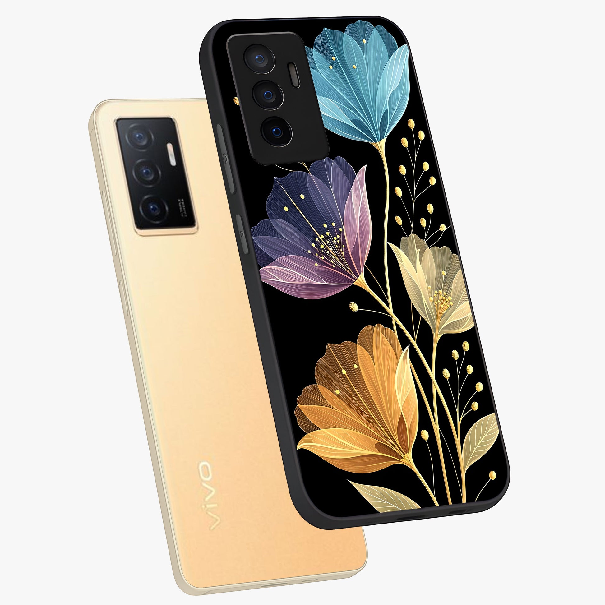 Delicate Multicolor Flowers Glass Case displayed in angled mockup highlighting colorful flower pattern with soft aesthetic style.