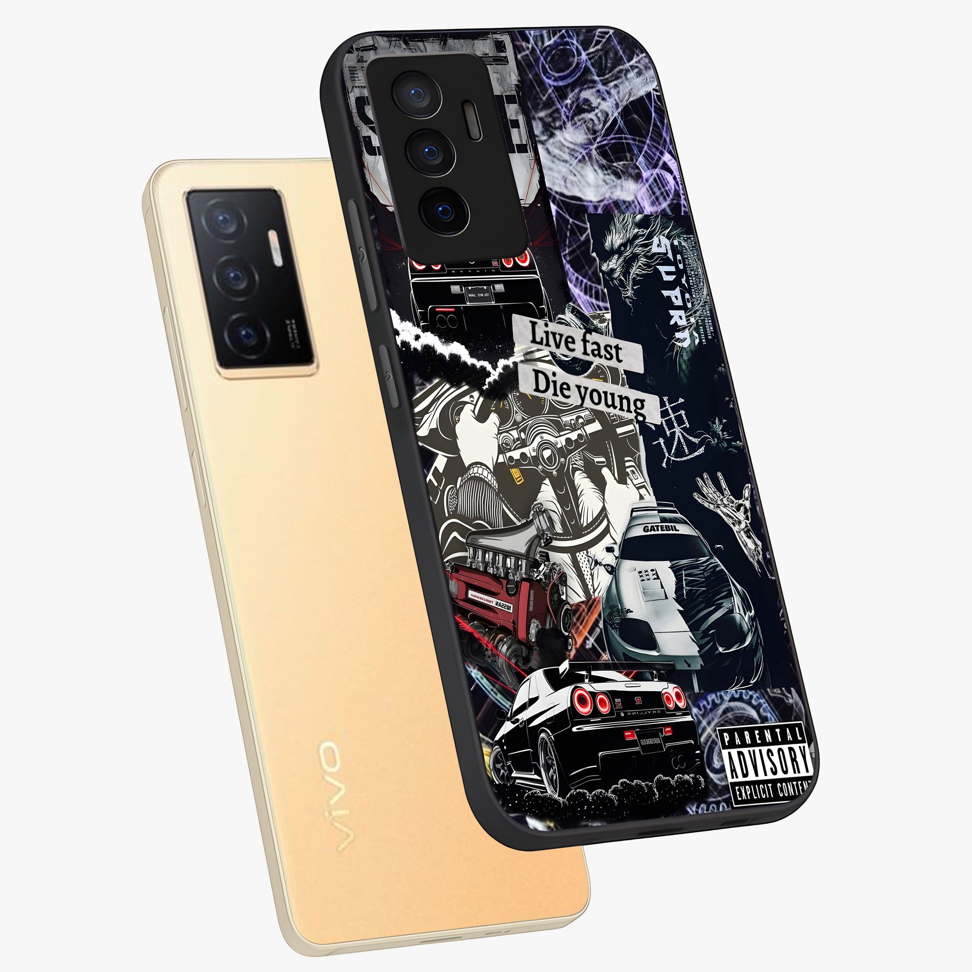 Die Young Glass Case displayed in angled mockup highlighting expressive graphic artwork with edgy aesthetic style.