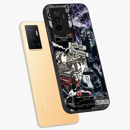 Die Young Glass Case displayed in angled mockup highlighting expressive graphic artwork with edgy aesthetic style.