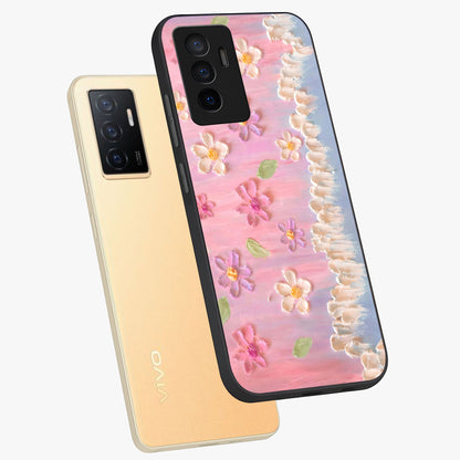 Dreamy Painted Garden Glass Case displayed in angled mockup highlighting colorful garden illustration with dreamy aesthetic style.