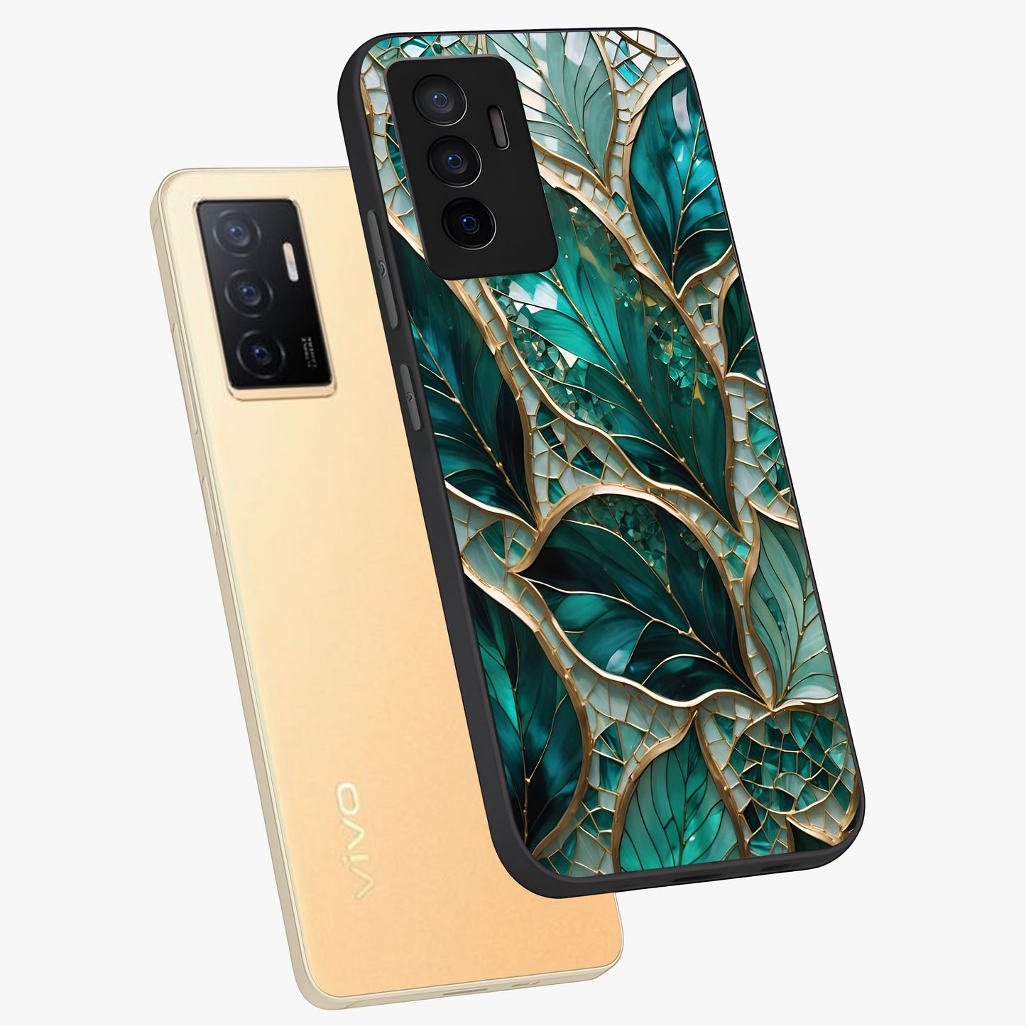 Emerald Leaf Glass Glass Case displayed in angled mockup highlighting botanical leaf illustration with elegant natural aesthetic.