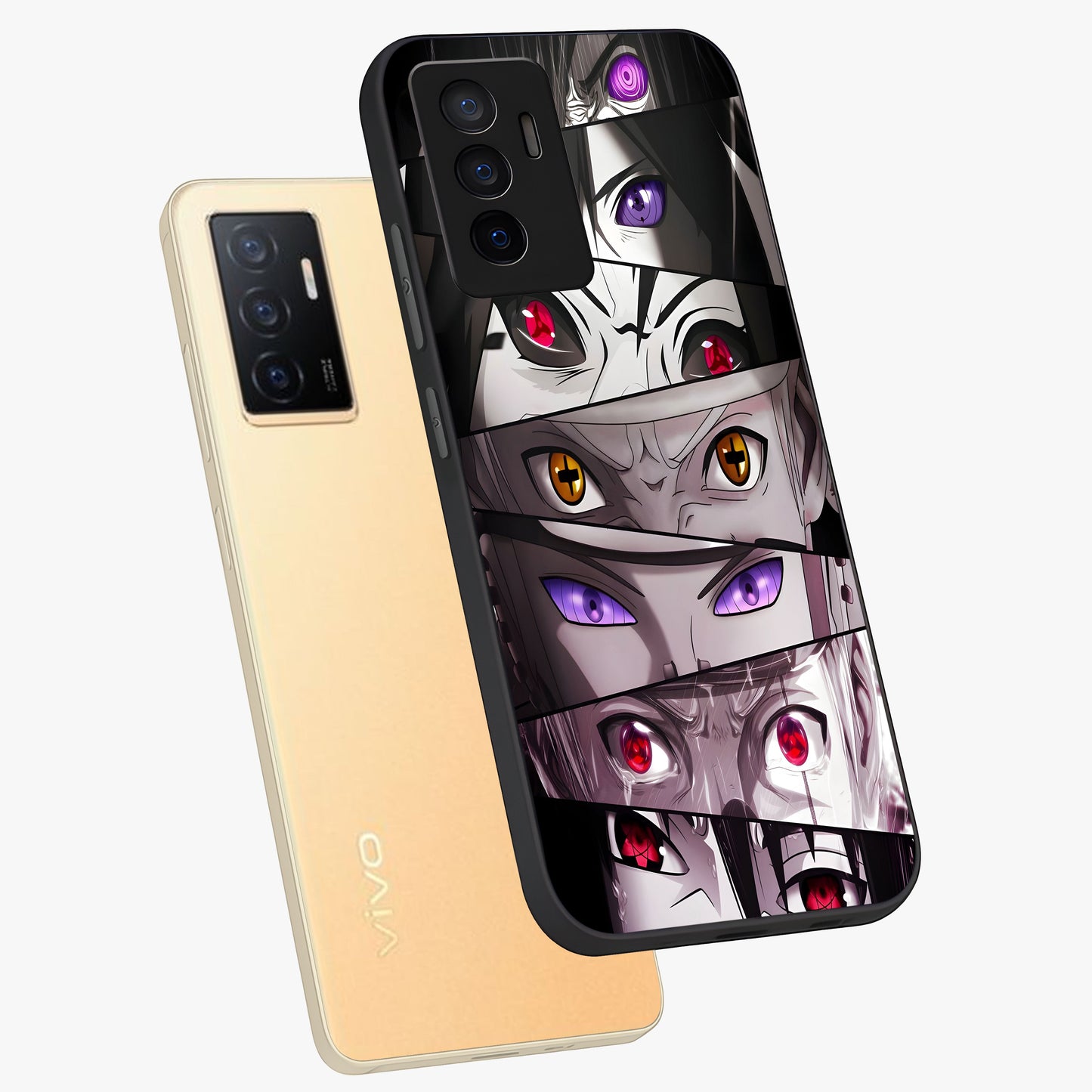 Eyes of Destiny Glass Case displayed in angled mockup highlighting bold eye illustration with mystical aesthetic style.