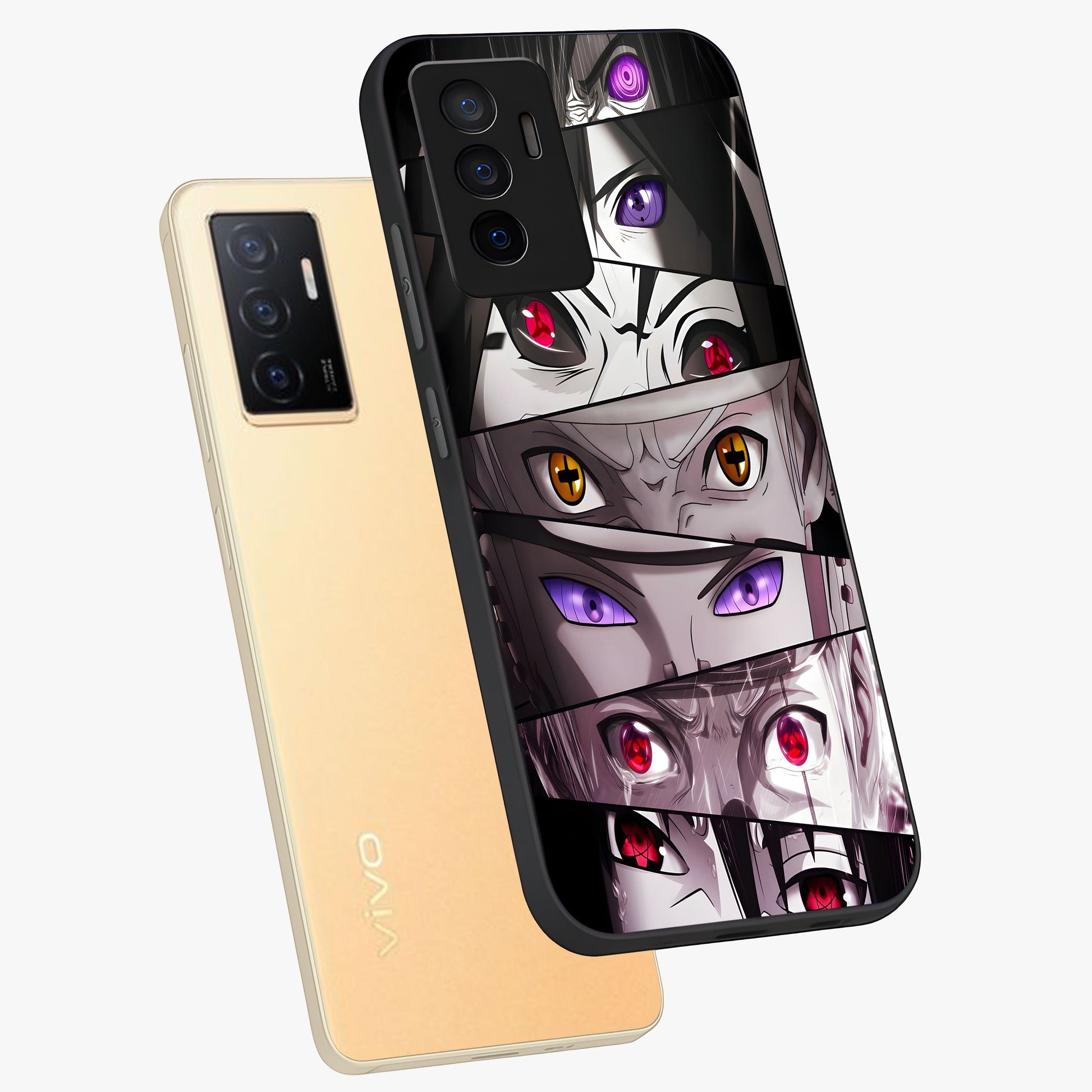 Eyes of Destiny Glass Case displayed in angled mockup highlighting bold eye illustration with mystical aesthetic style.