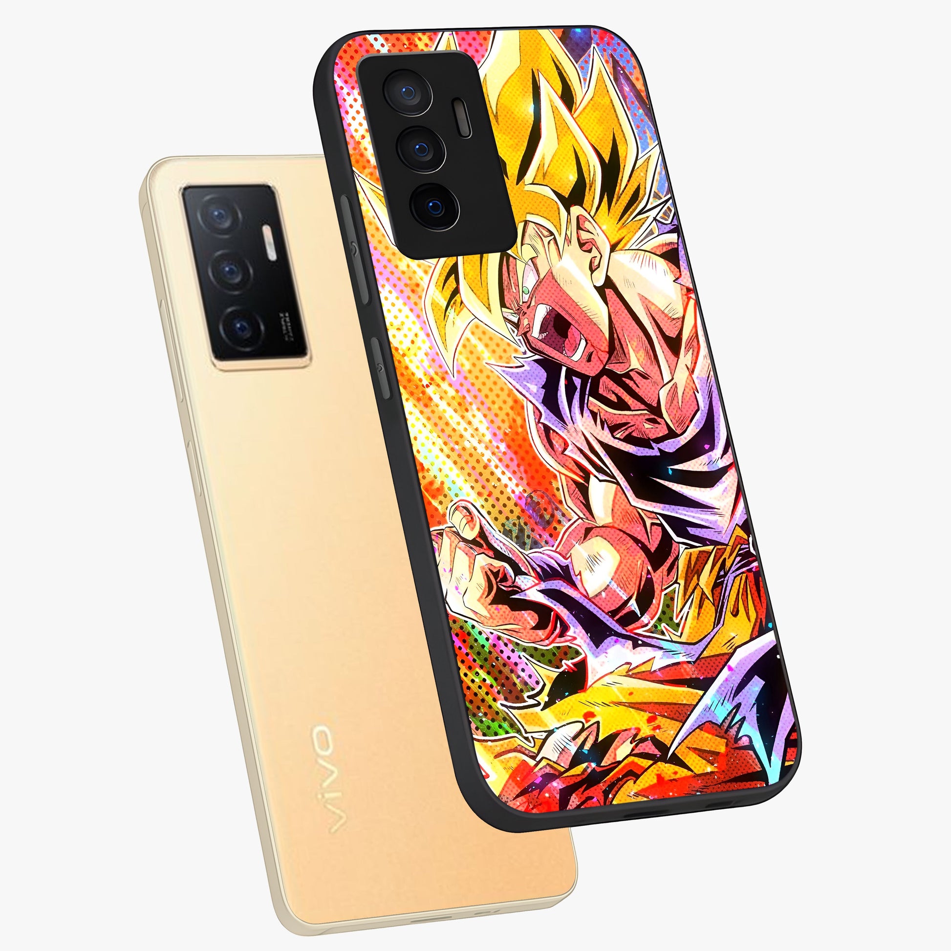 Firing Goku Glass Case displayed in angled mockup highlighting dynamic anime character design with action aesthetic.