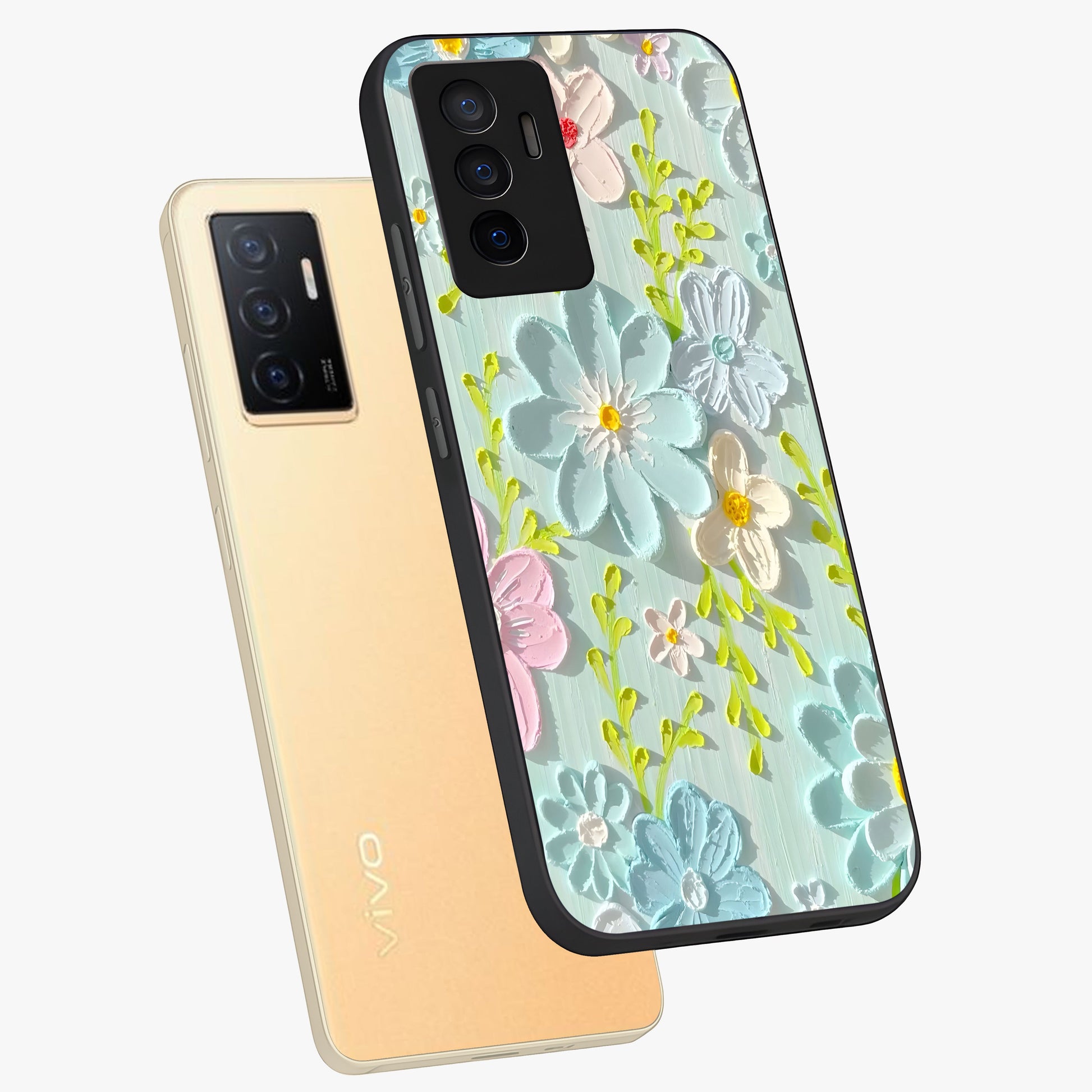 Frosted Petal Garden Glass Case displayed in angled mockup highlighting delicate flower petal design with calm garden aesthetic.