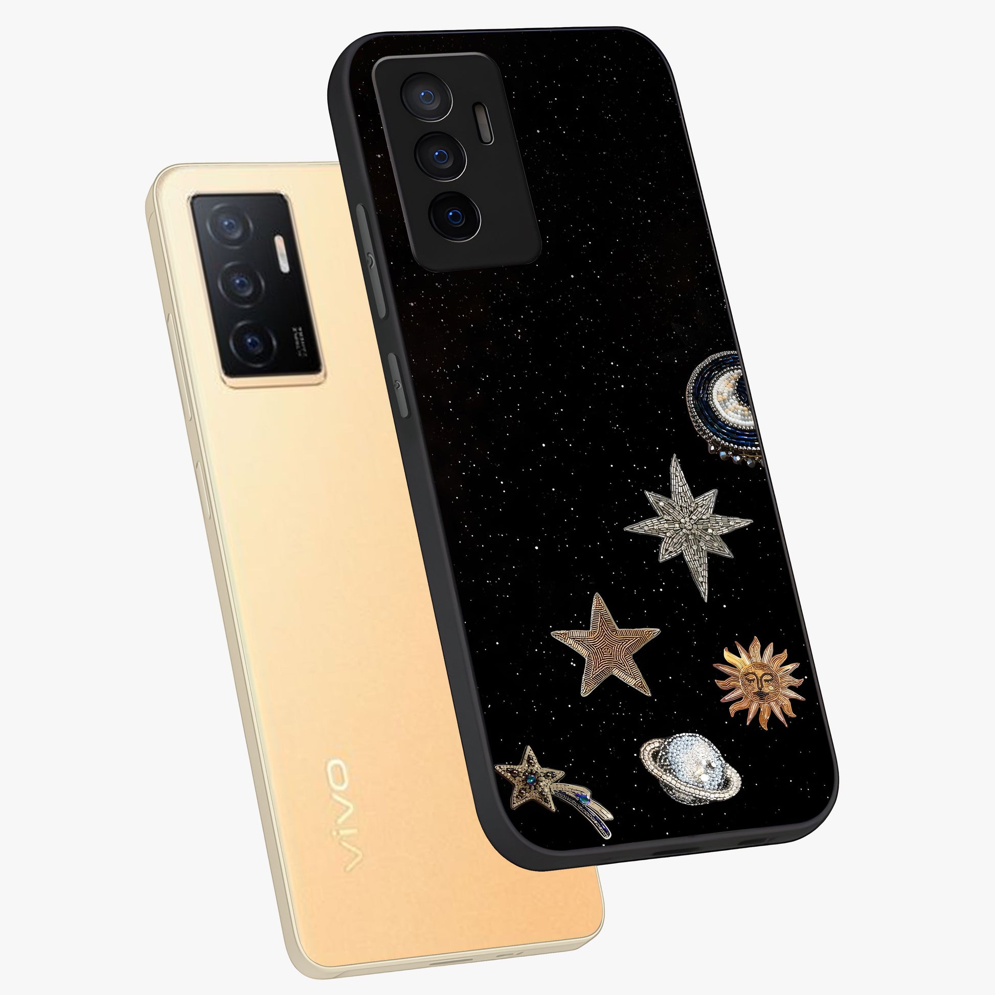 Galactic Charm Glow Glass Case displayed in angled mockup highlighting luminous galaxy inspired design with dreamy aesthetic.