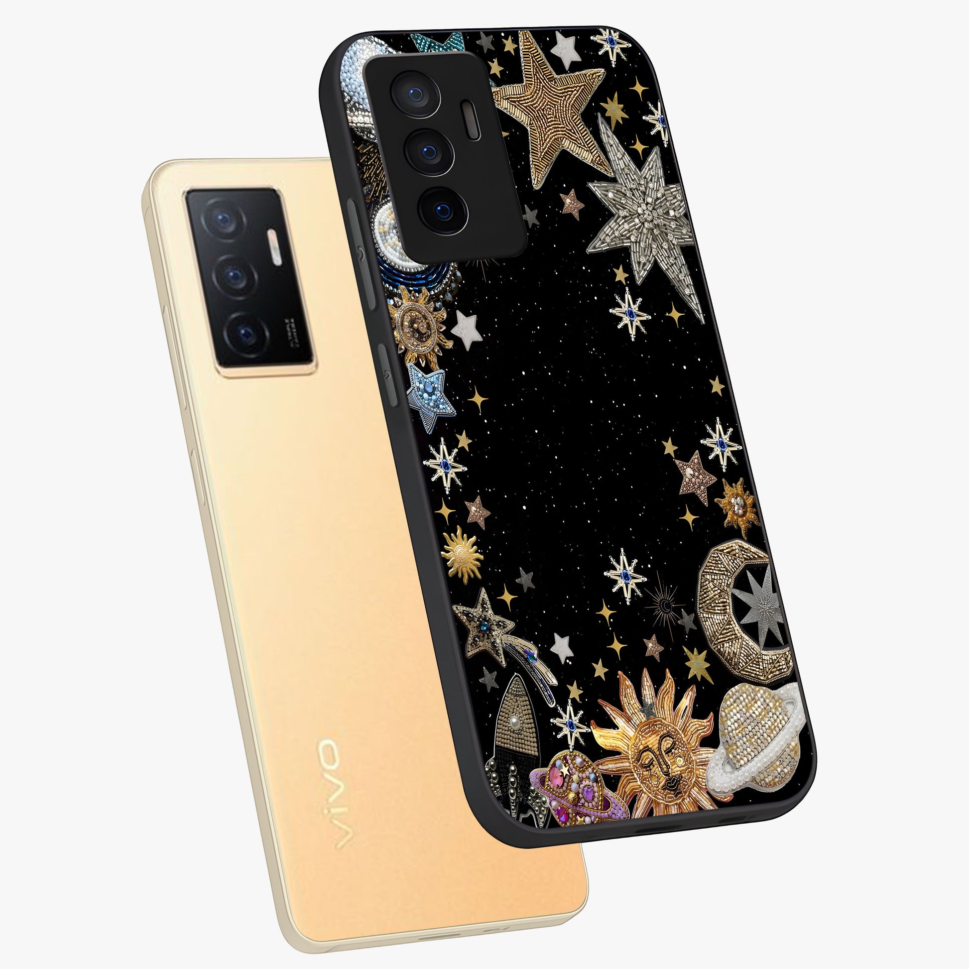 Galactic Jewel Stars Glass Case displayed in angled mockup highlighting shining celestial star design with cosmic aesthetic style.