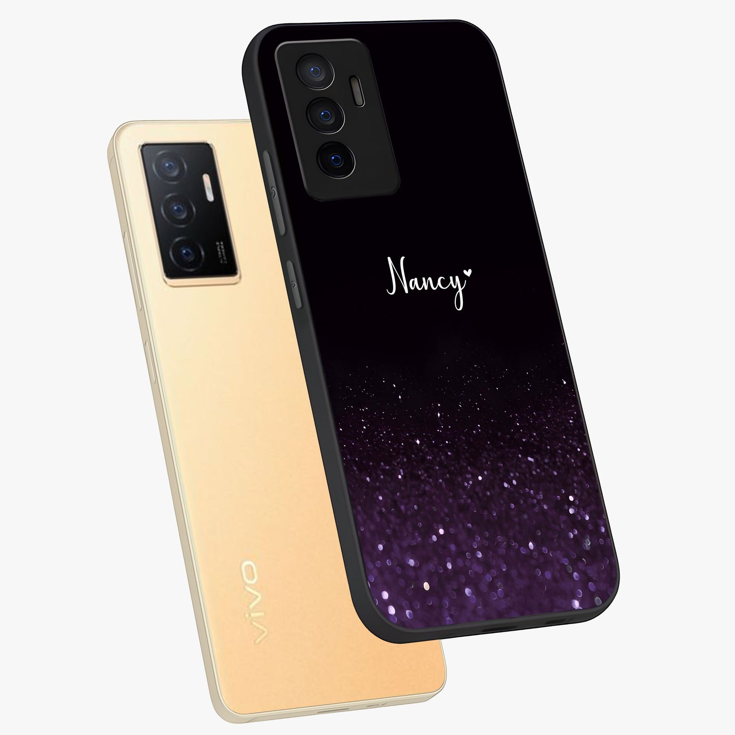 Glittery Purple Bokeh Custom Name Glass Case displayed in angled mockup highlighting glitter bokeh pattern with custom name feature.