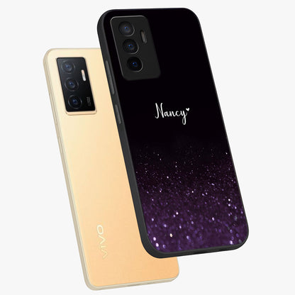 Glittery Purple Bokeh Custom Name Glass Case displayed in angled mockup highlighting glitter bokeh pattern with custom name feature.