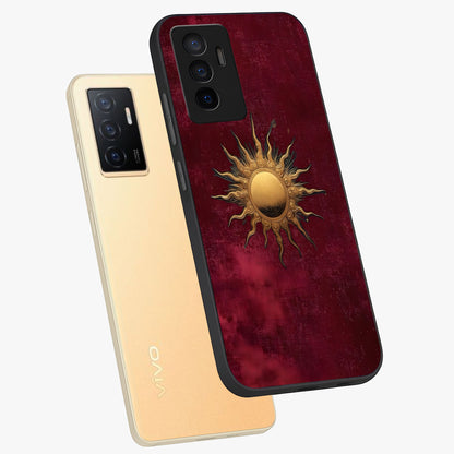 Golden Sun Minimalism Glass Case displayed in angled mockup highlighting clean sun symbol design with modern minimal aesthetic.