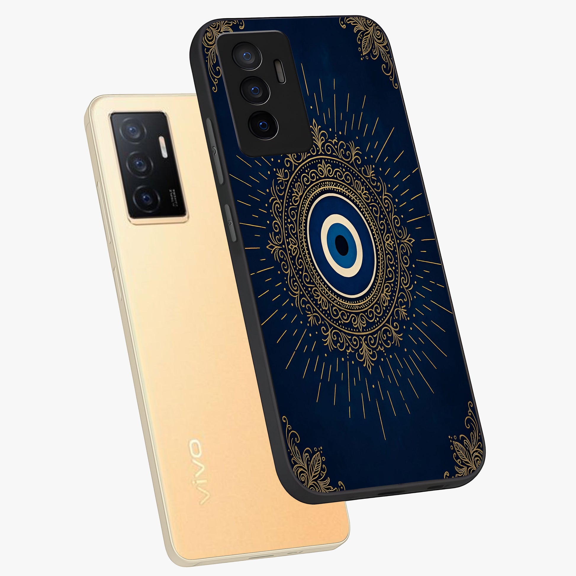 Golden Celestial Charm Glass Case displayed in angled mockup highlighting sparkling cosmic charm design with celestial aesthetic.