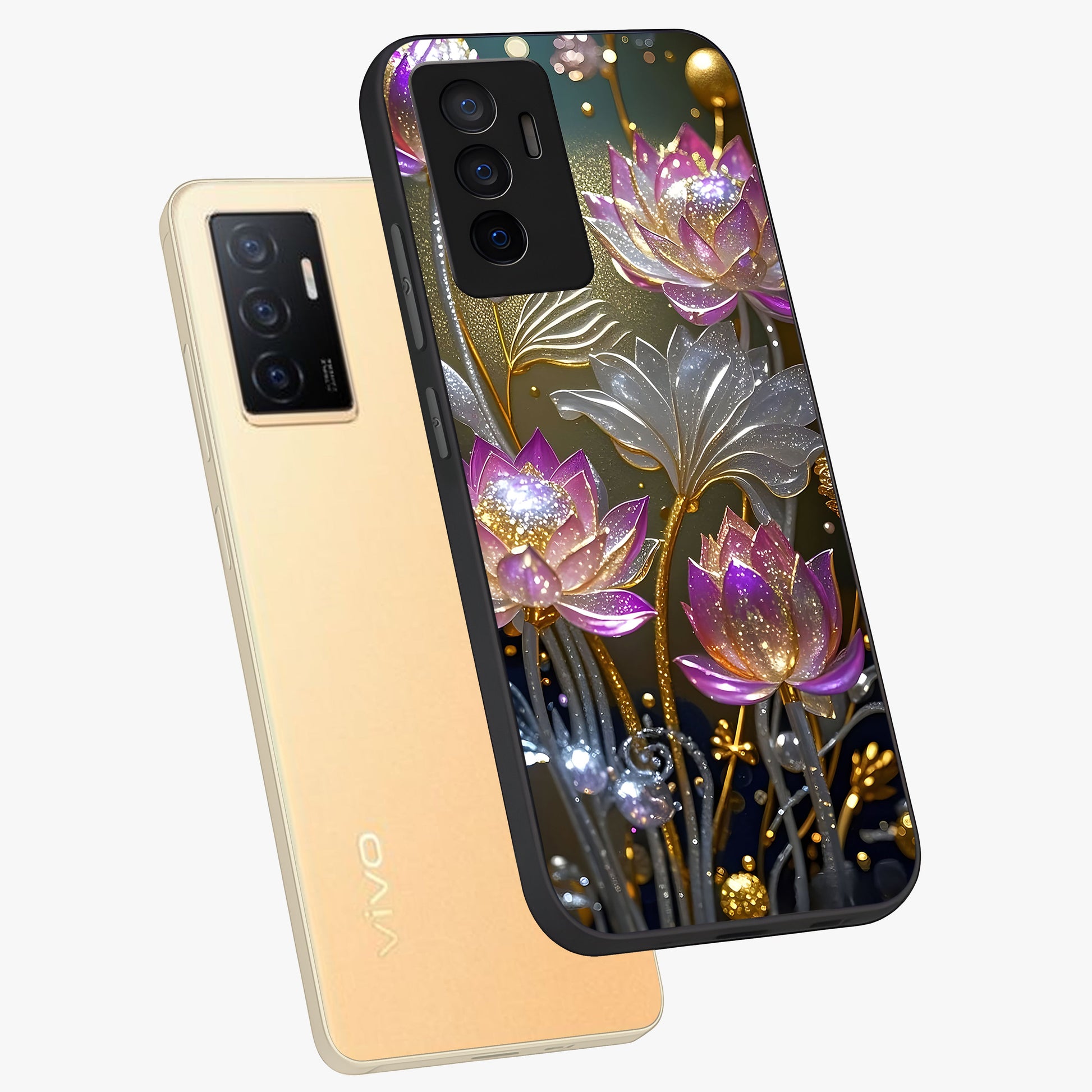 Golden Floral Majesty Glass Case displayed in angled mockup highlighting elegant flower design with royal golden aesthetic.