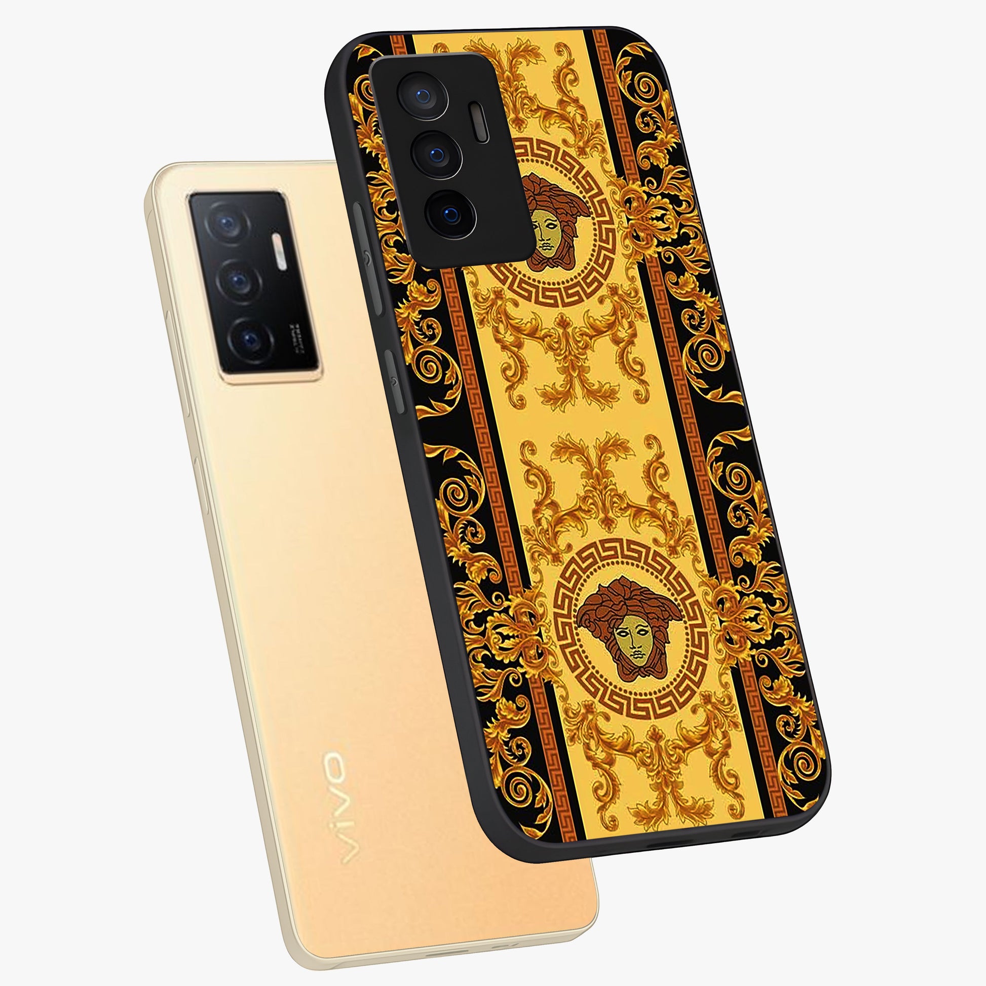 Golden Lotus Glow Glass Case displayed in angled mockup highlighting radiant lotus illustration with spiritual aesthetic.