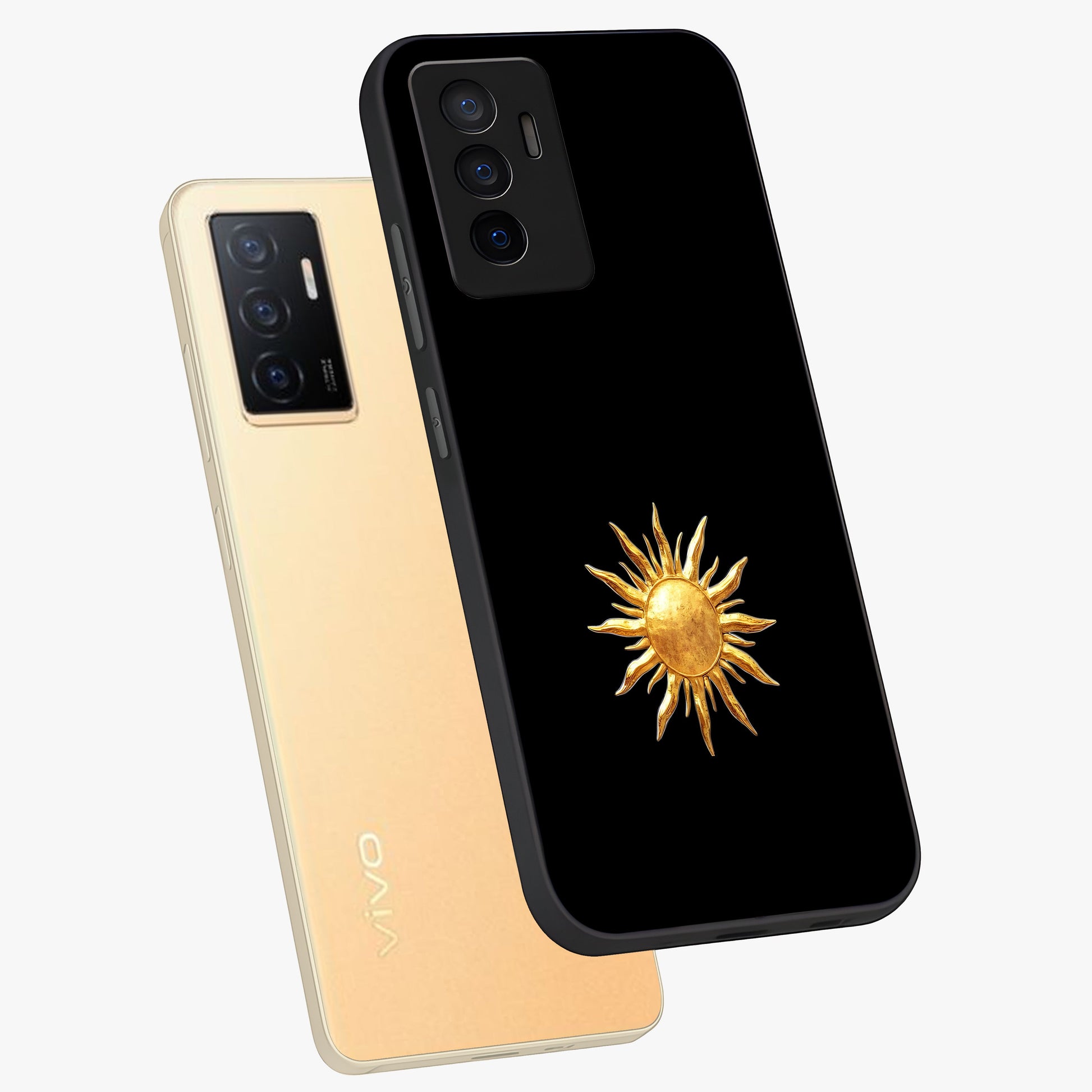 Golden Sun Minimalism Glass Case displayed in angled mockup highlighting eerie shadow illustration with gothic aesthetic.
