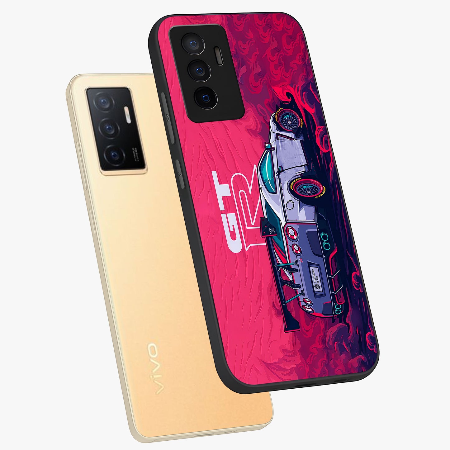 GT-R Car Pattern Glass Case displayed in angled mockup highlighting racing car graphic design with bold automotive aesthetic.