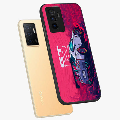 GT-R Car Pattern Glass Case displayed in angled mockup highlighting racing car graphic design with bold automotive aesthetic.