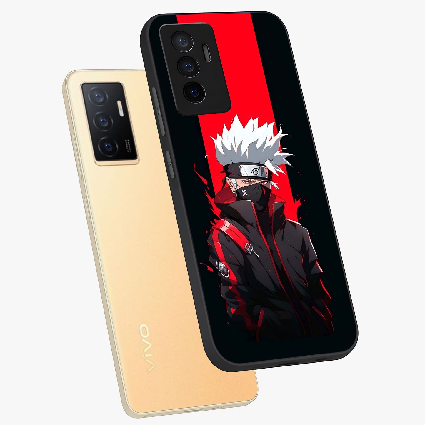 Kakashi Scarlet Shadow Glass Case displayed in angled mockup highlighting dramatic ninja illustration with scarlet themed aesthetic.