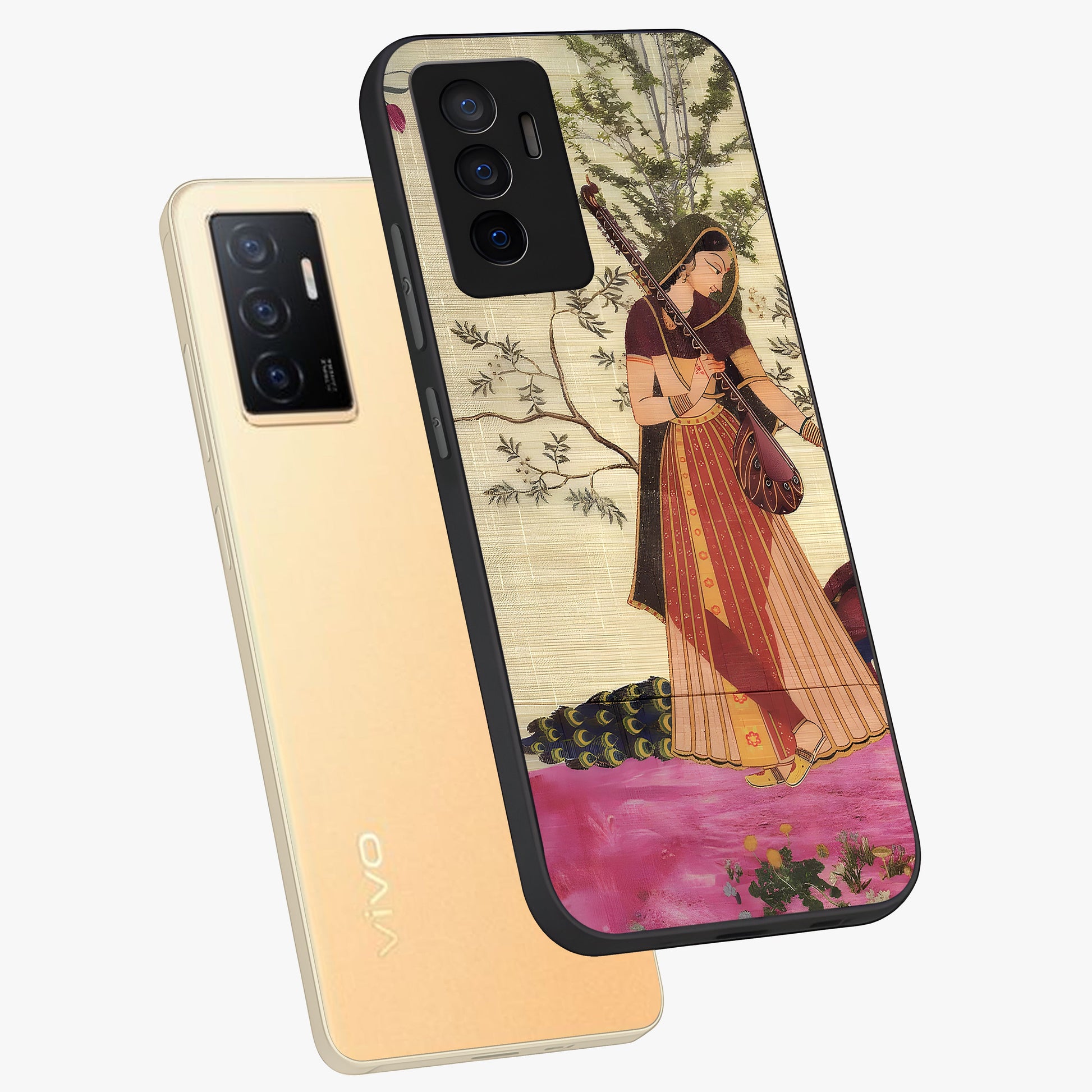 Lady With Veena Art Glass Case displayed in angled mockup highlighting graceful musical illustration with cultural artistic aesthetic.