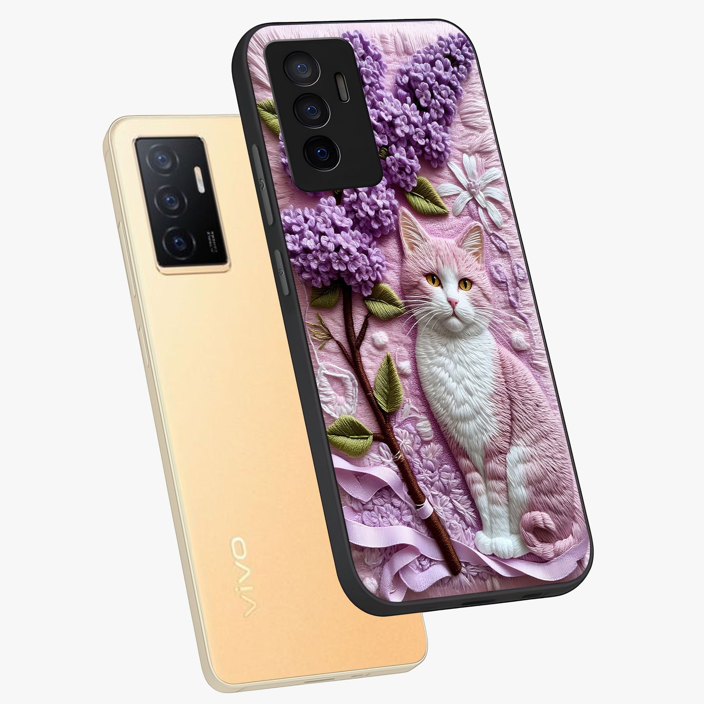 Lavender Cat Whimsy Glass Case displayed in angled mockup highlighting playful feline illustration with pastel lavender aesthetic.