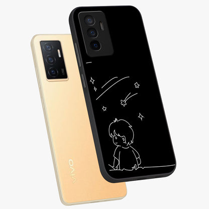 Line Art Boy With Shooting Stars Glass Case displayed in angled mockup highlighting elegant line art design with dreamy star aesthetic.
