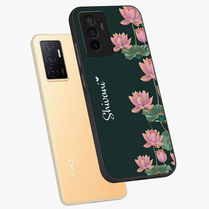 Lotus Bloom Serenity Custom Name Glass Case displayed in angled mockup highlighting graceful lotus illustration with custom name feature.