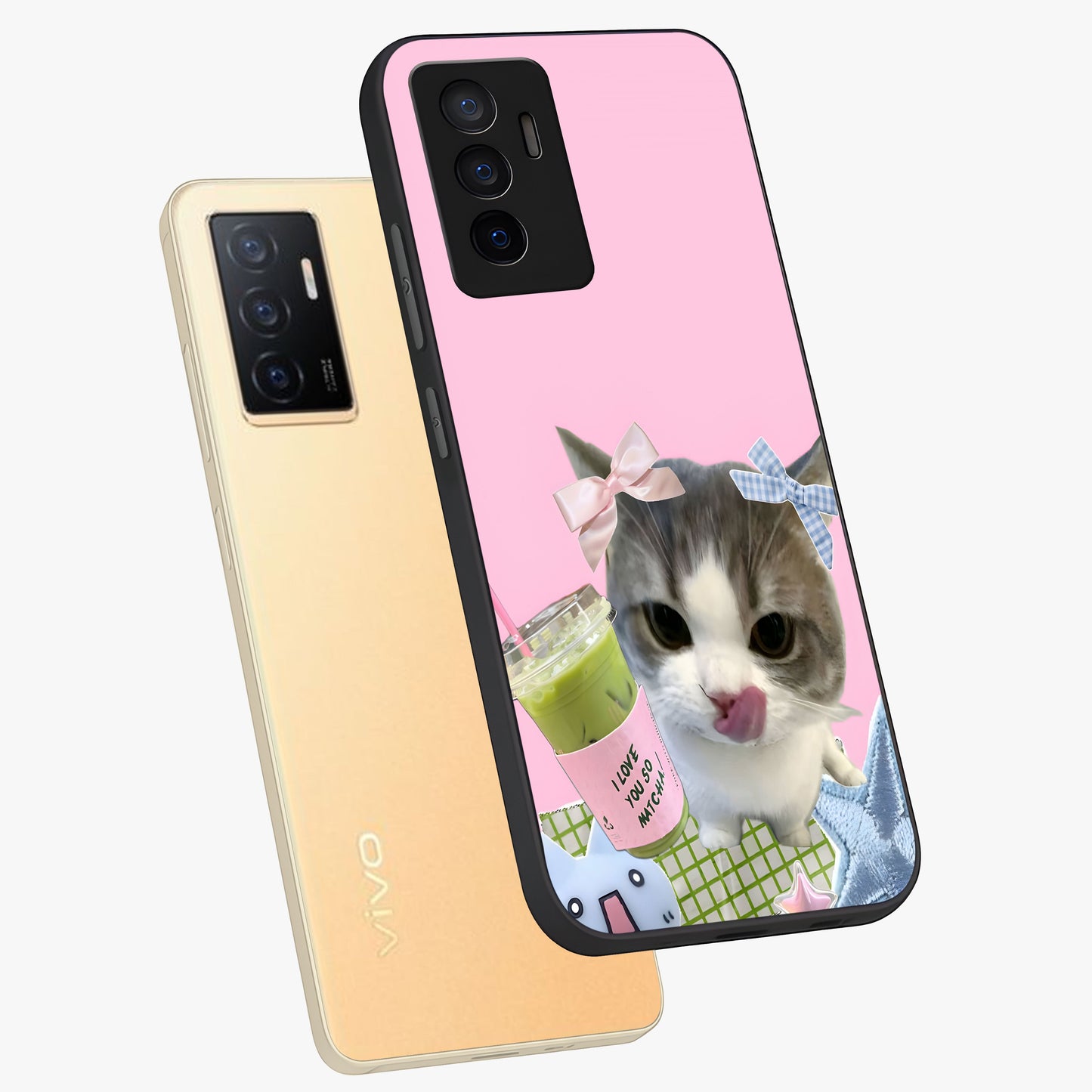 Love Matcha Cat Glass Case displayed in angled mockup highlighting playful feline illustration with cozy matcha aesthetic.