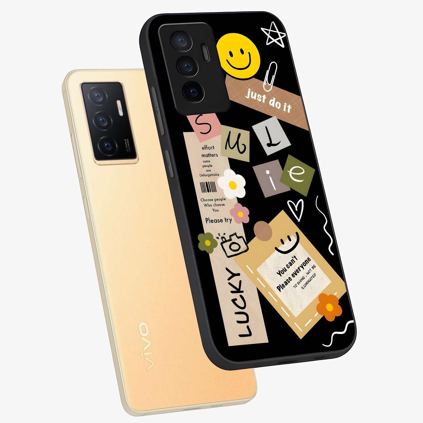 Lucky Aesthetic Collage Glass Case displayed in angled mockup highlighting stylish collage pattern with modern aesthetic vibe.