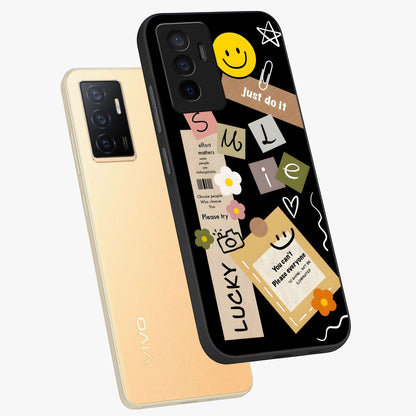 Lucky Aesthetic Collage Glass Case displayed in angled mockup highlighting stylish collage pattern with modern aesthetic vibe.