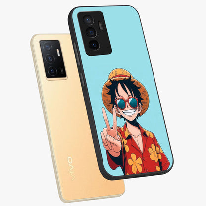 Luffy Summer Anime Vibe Glass Case displayed in angled mockup highlighting energetic anime illustration with summer vibe aesthetic.