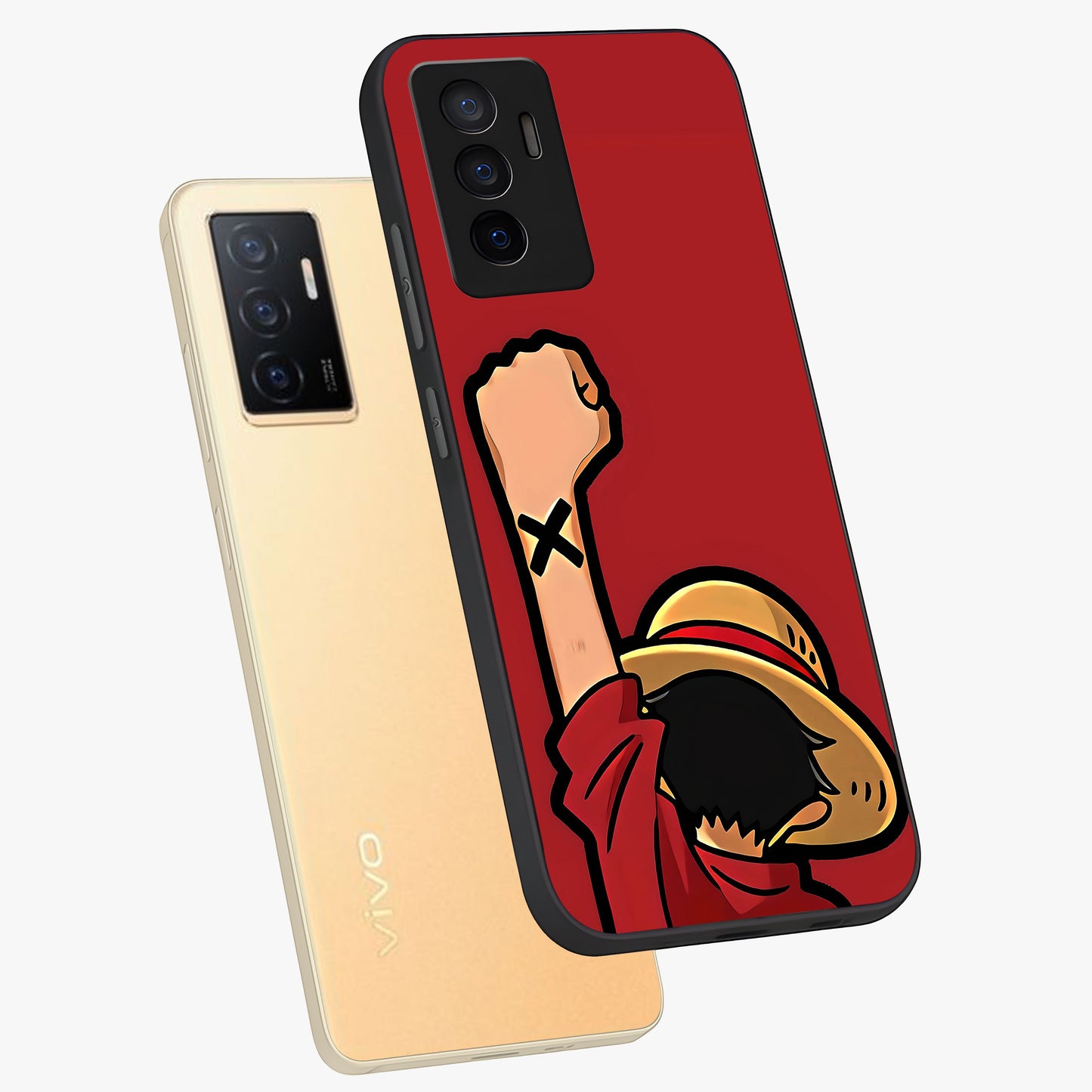 Luffy X Spirit Glass Case displayed in angled mockup highlighting powerful anime design with energetic action aesthetic.