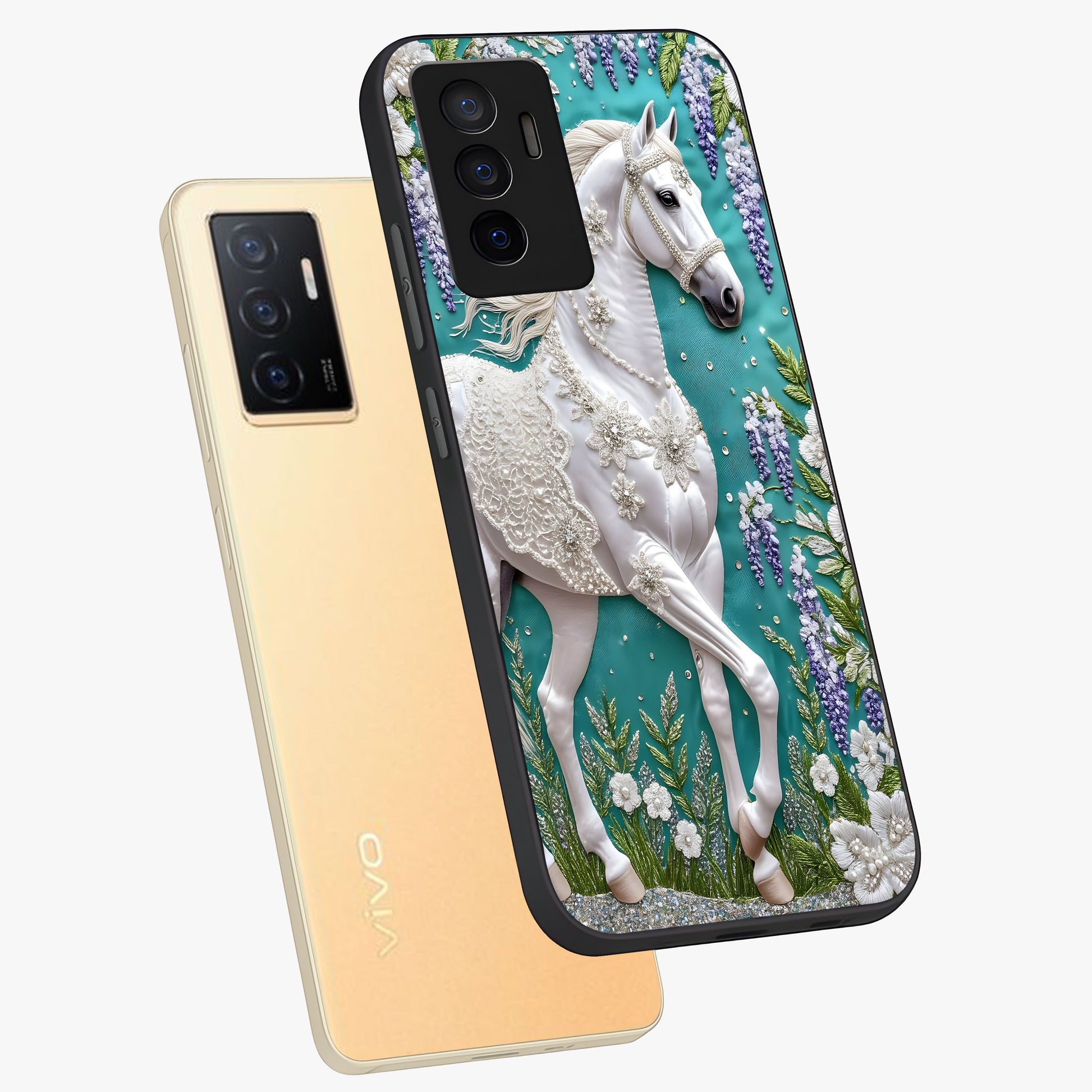 Majestic Floral Stallion Glass Case displayed in angled mockup highlighting majestic stallion illustration with elegant floral aesthetic.