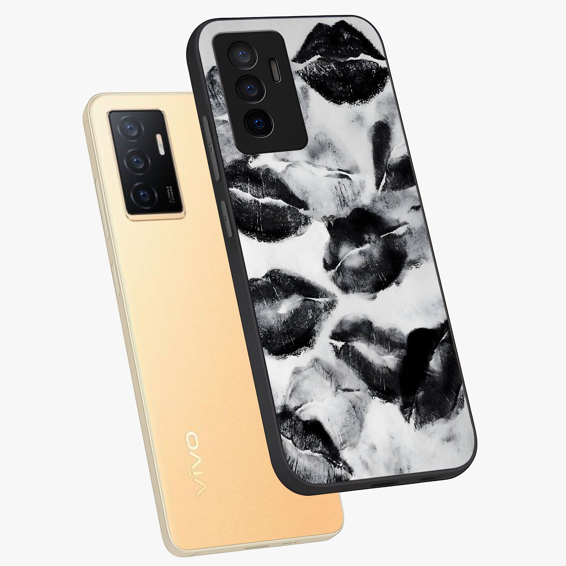 Midnight Kiss Marks Glass Case displayed in angled mockup highlighting playful romantic design with bold midnight aesthetic.
